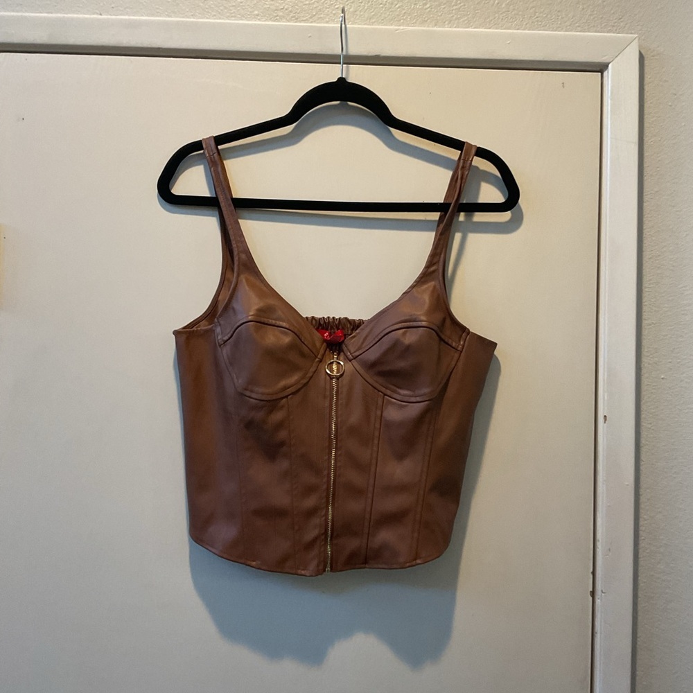 Guess Brown Faux Leather Zip-Front Cropped Bustier Top